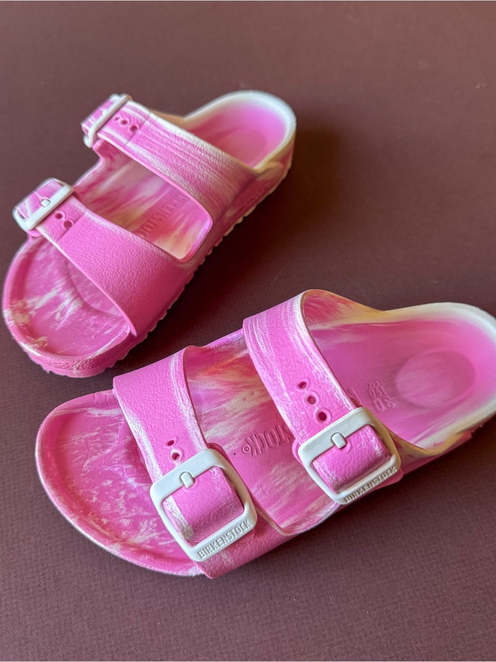 Birkenstock Arizona EVA Pink Marble Kids Slide Sandals with Double Straps